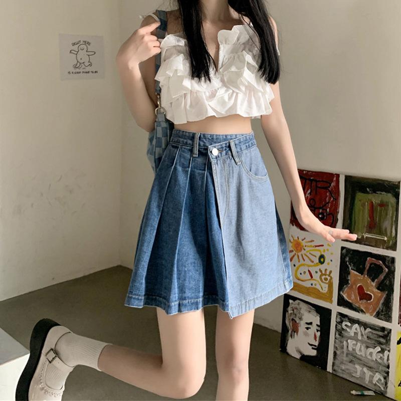 Plus Size High Waist A Line Denim Skirt Women Summer Slimming Irregular Hem Skirt