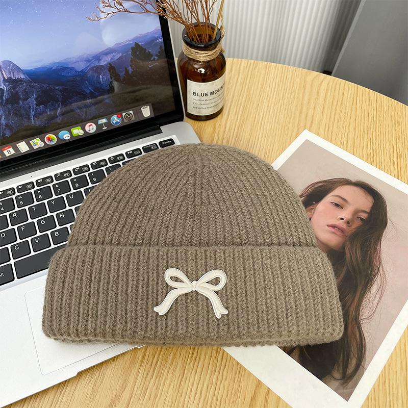 Red Bow Knitted Hat Women's Versatile Face Small Wool Hat Outdoor Cold-proof and Warm Bag Head Cold Hat