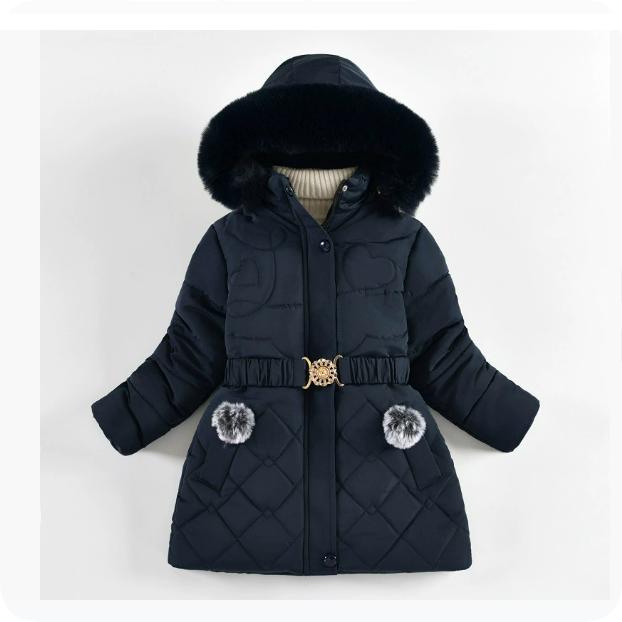 Winter Girls' Mid-length Cotton-padded Jacket, Western-style Heart-shaped Rhombic Pattern Cotton-padded Coat, Fur Collar, Hooded Jacket