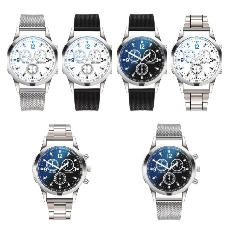 Atemberaubende Blaues Licht Glas Drei-Augen Stahlarmband Uhr Für Männer Quarz Uhr Perfektes Geschenk Für Männer