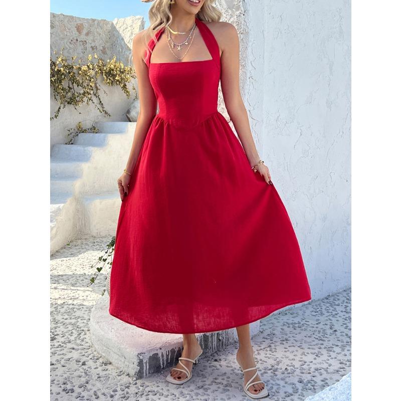 Women Vacation Style Solid Color High Waist Sleeveless Hanging Neck Long Dresses