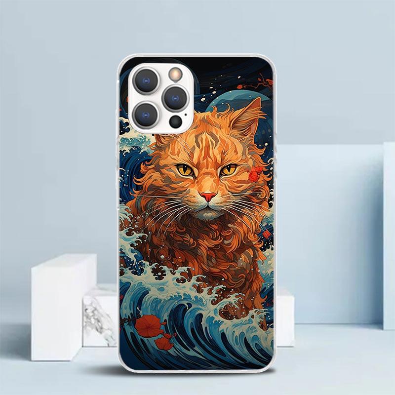 Anime Cat Sea Wave Aesthetic Phone Case For IPhone 16 17 Air 16E 15 14 Plus 13 Mini 12 11 Pro Max 7 8 + SE 2020 Soft TPU Back Co