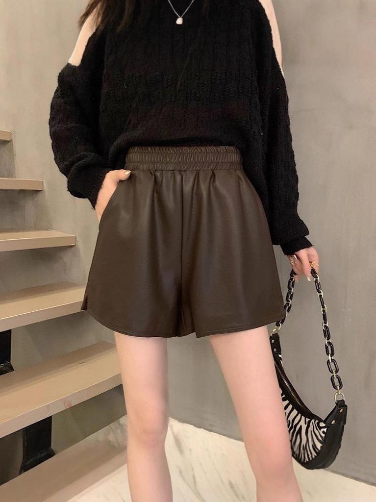 Women's PU Leather Wide-Leg Shorts - High Waist, Plus Size, Slimming, Autumn/Winter 2025 Collection