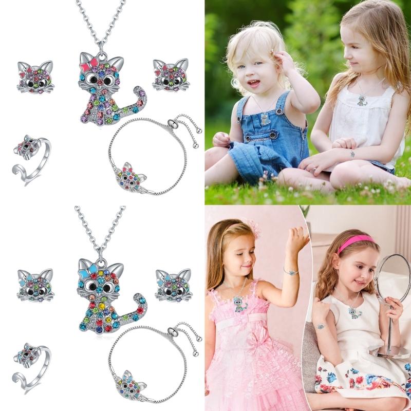 Cat Jewelry Set for Girls Necklace Bracelet Ring Stud Earring Sets for Kids Rainbow Rhinestones Jewelry for Women Girls