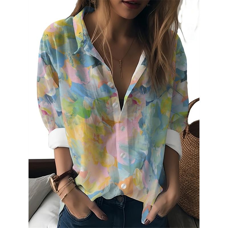 Damen Revers Hemd Tops Lässig Langarm Knöpfe Hemden Damen Tops Lustiges Katzenmuster Damenhemden Damen