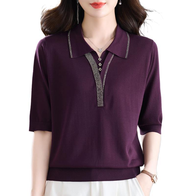 Spring-Summer V-neck Ice Silk Knit Top for Middle-aged & Elderly Women - Stylish & Comfortable Short Sleeve Pullover