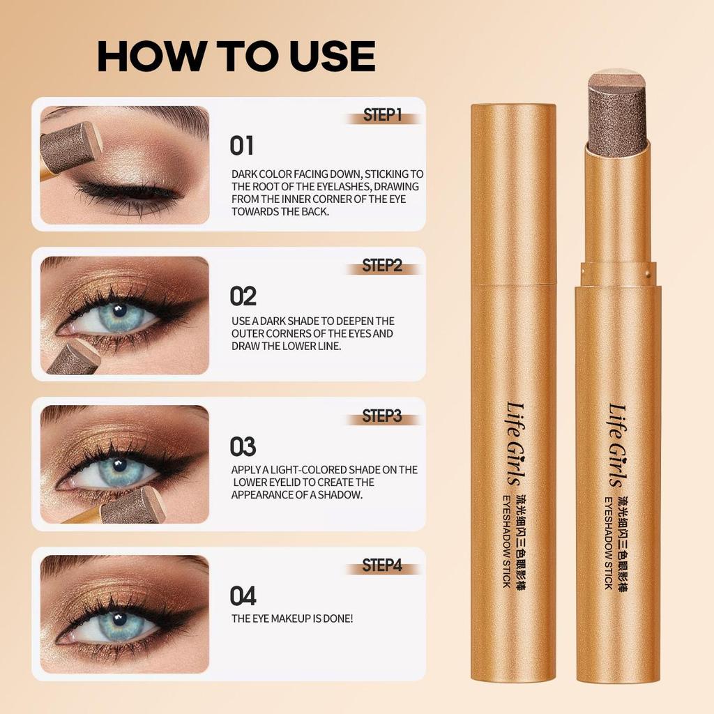 Three Color Eyeshadow Stick Matte Pearl Glitter Long Lasting Waterproof Twist Up Portable Travel Friendly Daily Eye Makeup