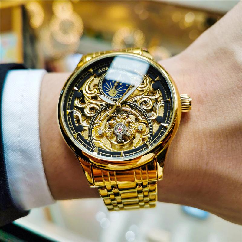 Royal Gold Skeleton Automatic Watch for Men Luxury Tourbillon Mechanical Watches Stainless Steel Strap Luminous Clock