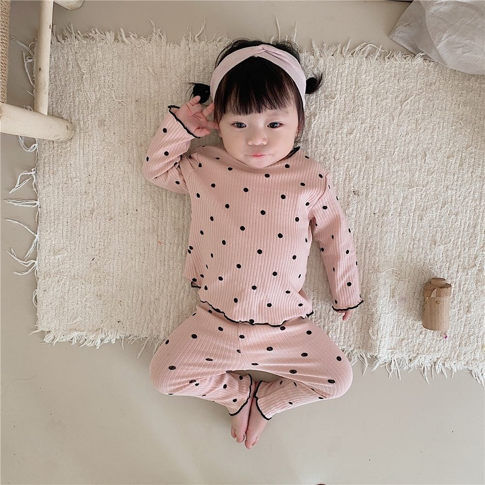 Girls' Home Clothes Baby Girls' Long Sleeve Ribbed Pit Bar Pajamas Two Piece Set with Mushroom Edges