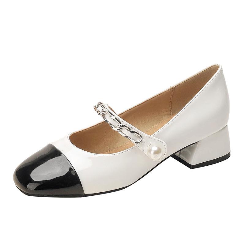 Leather Mary Jane Single Shoes Women's Light Shoes Thick Heel 2025 Spring New Round Head French Color Matching Temperament Silver Single Shoes