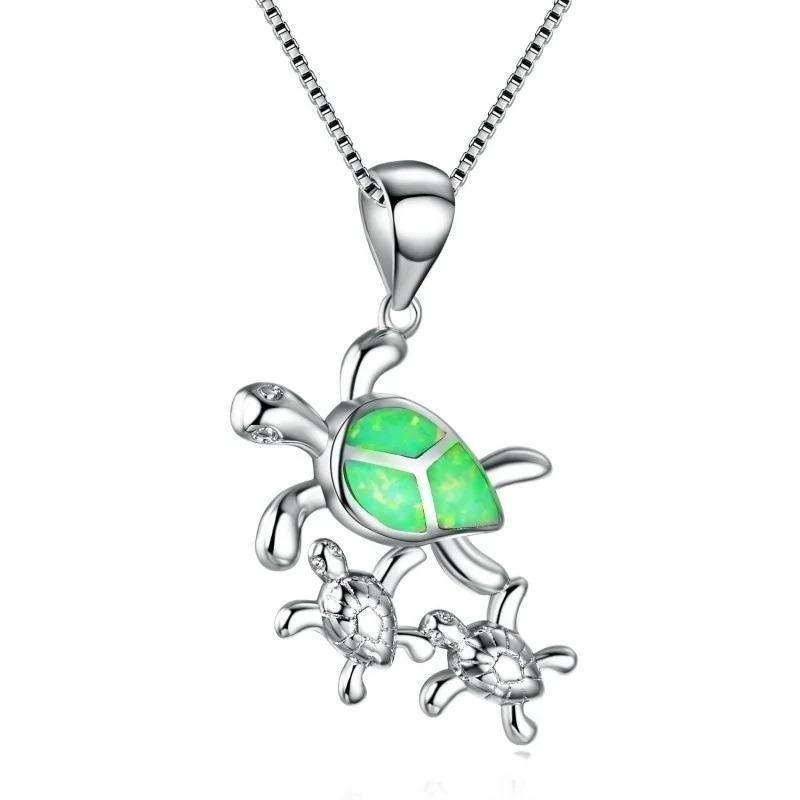 Boho Fashion Cute Sea Turtle Family Pendant Necklace for Women Girl Inlay Imitation Blue Opal Necklace Wedding Party Jewelry