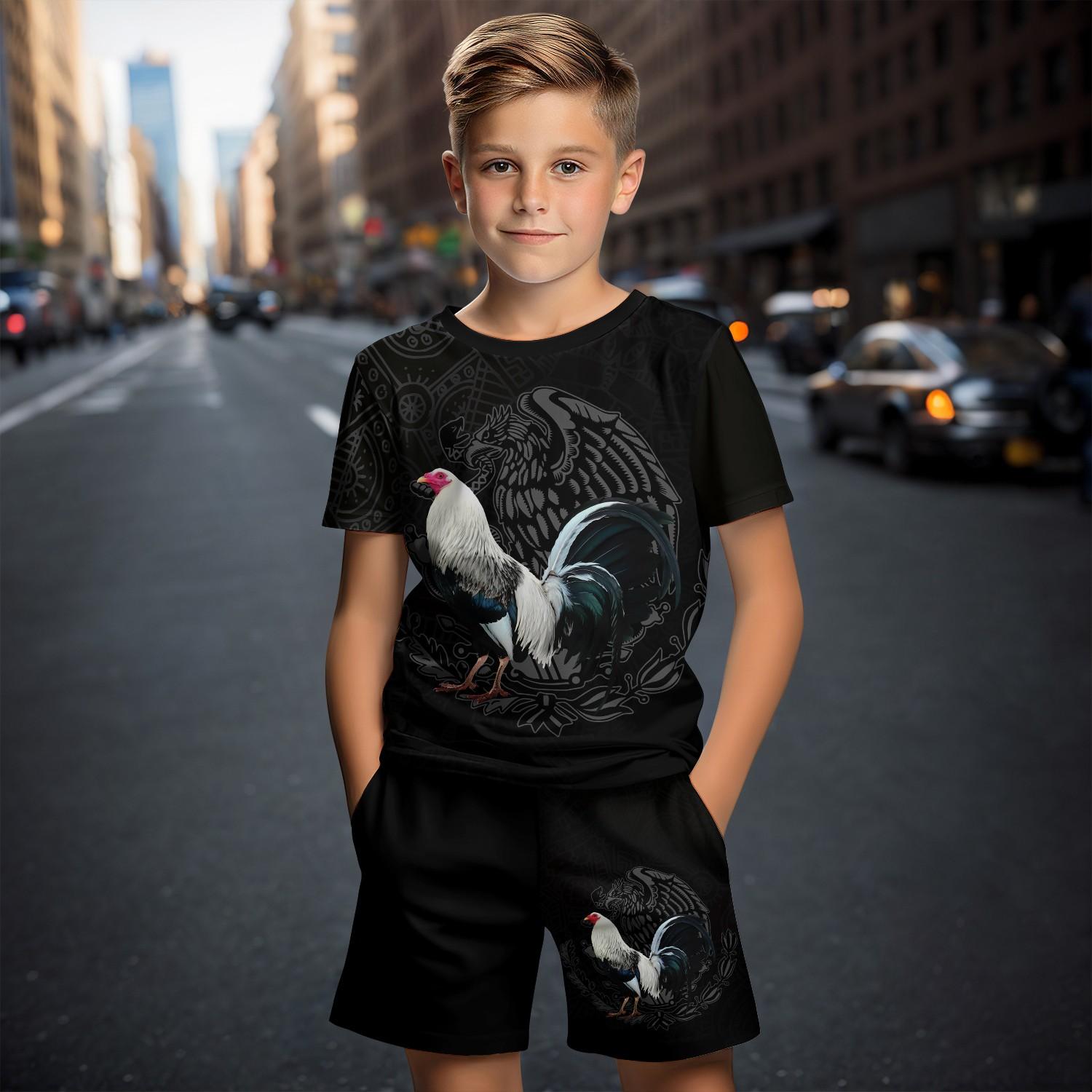 

Детский повседневный топ из двух предметов с короткими рукавами и шортами с 3D принтом «Мексиканский петух» для мальчиков и девочек 4–14 лет, детский костюм 5XL