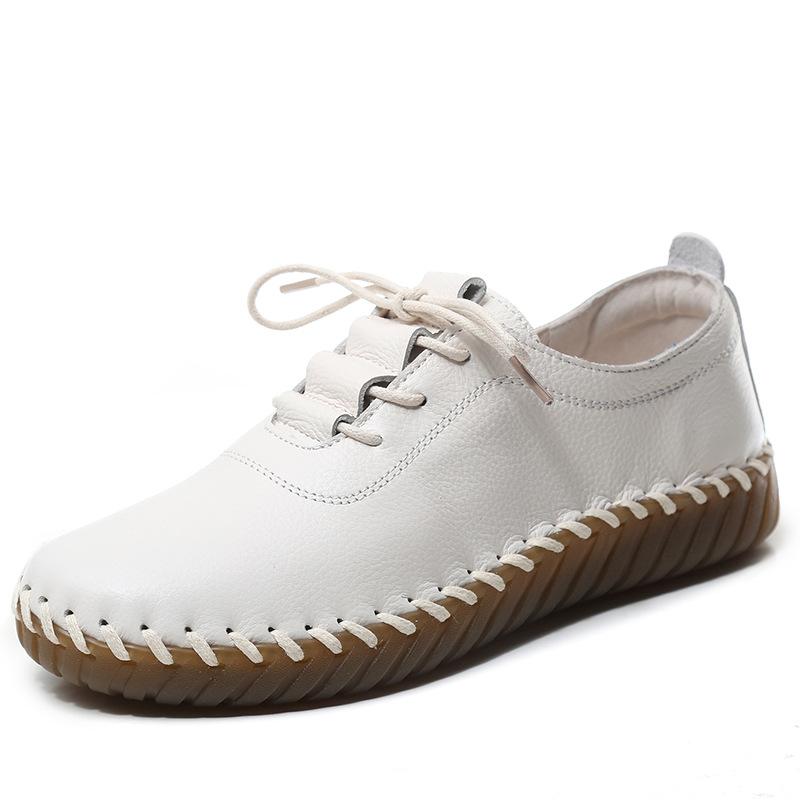 Frühling Frauen Flache Schuhe Handgemachte Nähen Echtes Leder Kuh-muskel Weichen Boden Täglichen Spitze Up Frauen Casual Schuhe