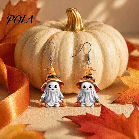 Anti-rust Metal Earrings 1 Pair Halloween Cute Ghost Earrings, Acrylic Dangle with Witch Secure Fit Hat Pumpkin Bat, Anti-Rust Hooks, Playful