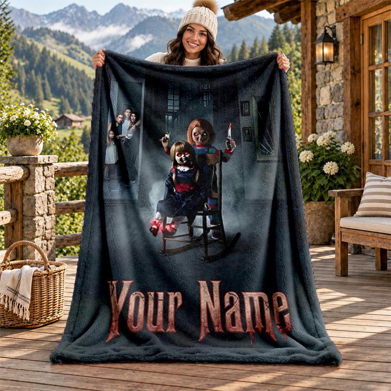 Chucky with Tiffany Custom Name Flannel Blanket Personalized Soft Warm Plush Throw Blanket Customized Gift for Family Friends