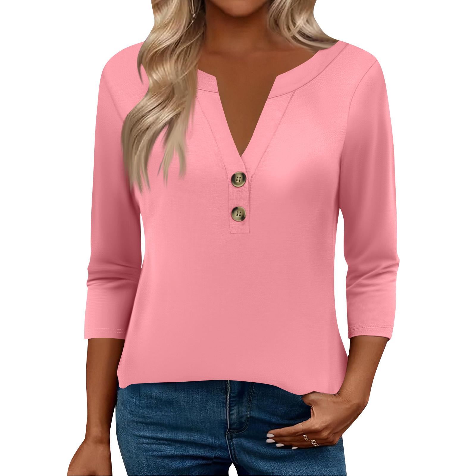 

Женские топы с рукавом 3/4 для женщин, топы хенли на пуговицах с V-образным вырезом, нарядные летние женские топы свободного кроя M розовый