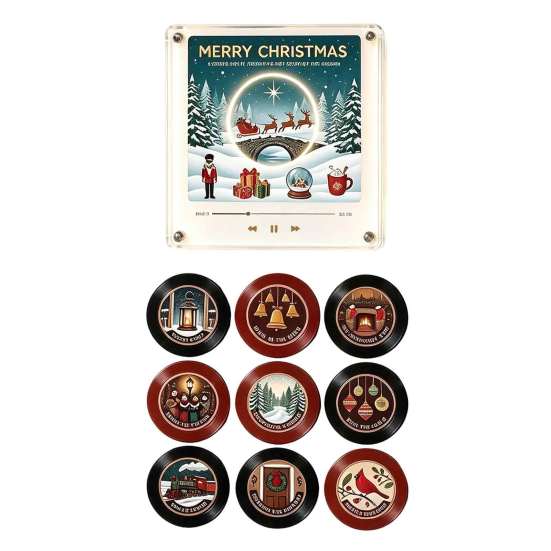 Programmable Music Box Vinyl Record Player Fridge Magnet for Christmas, with 9 Records, Decorative 256MB Memory, LED Light-Up Personalized NFC