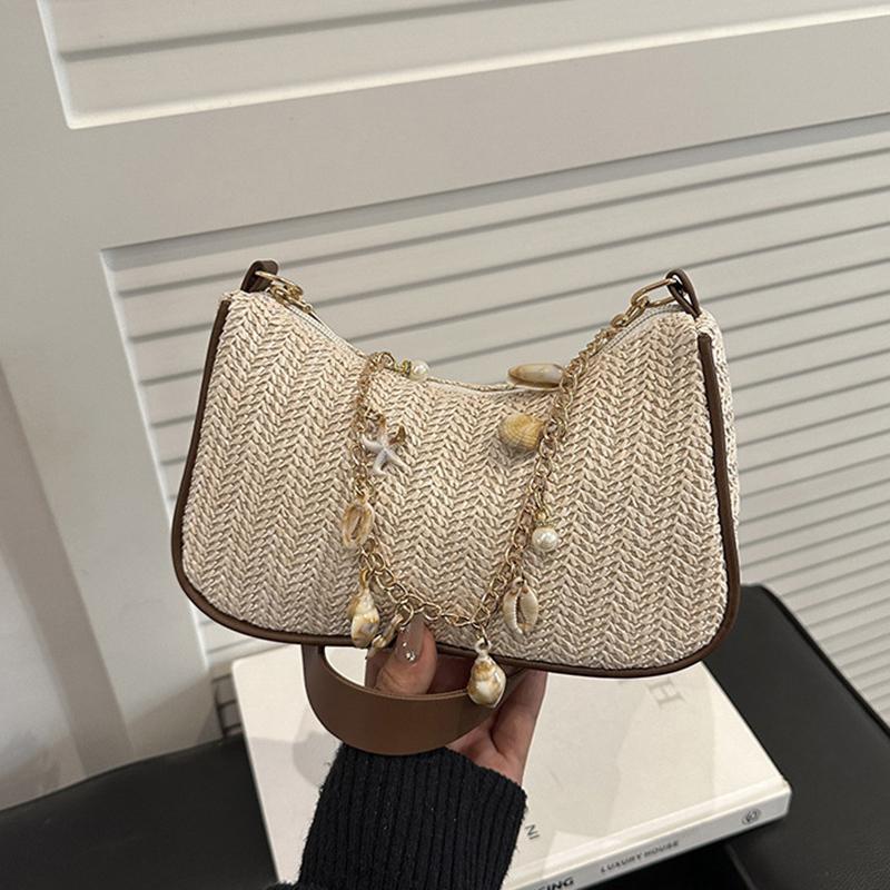 Yogodlns Summer New Women Simple Shoulder Bag Fashion Straw Fashionable Versatile Crossbody Bag Lightweight Casual Commuting Bag