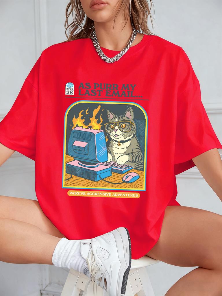 Cat Playing Computer Games Printed TShirts Womens Summer Cotton Short Sleeve T Shirt Loose ONeck Soft Tops Basic Woman Clothes