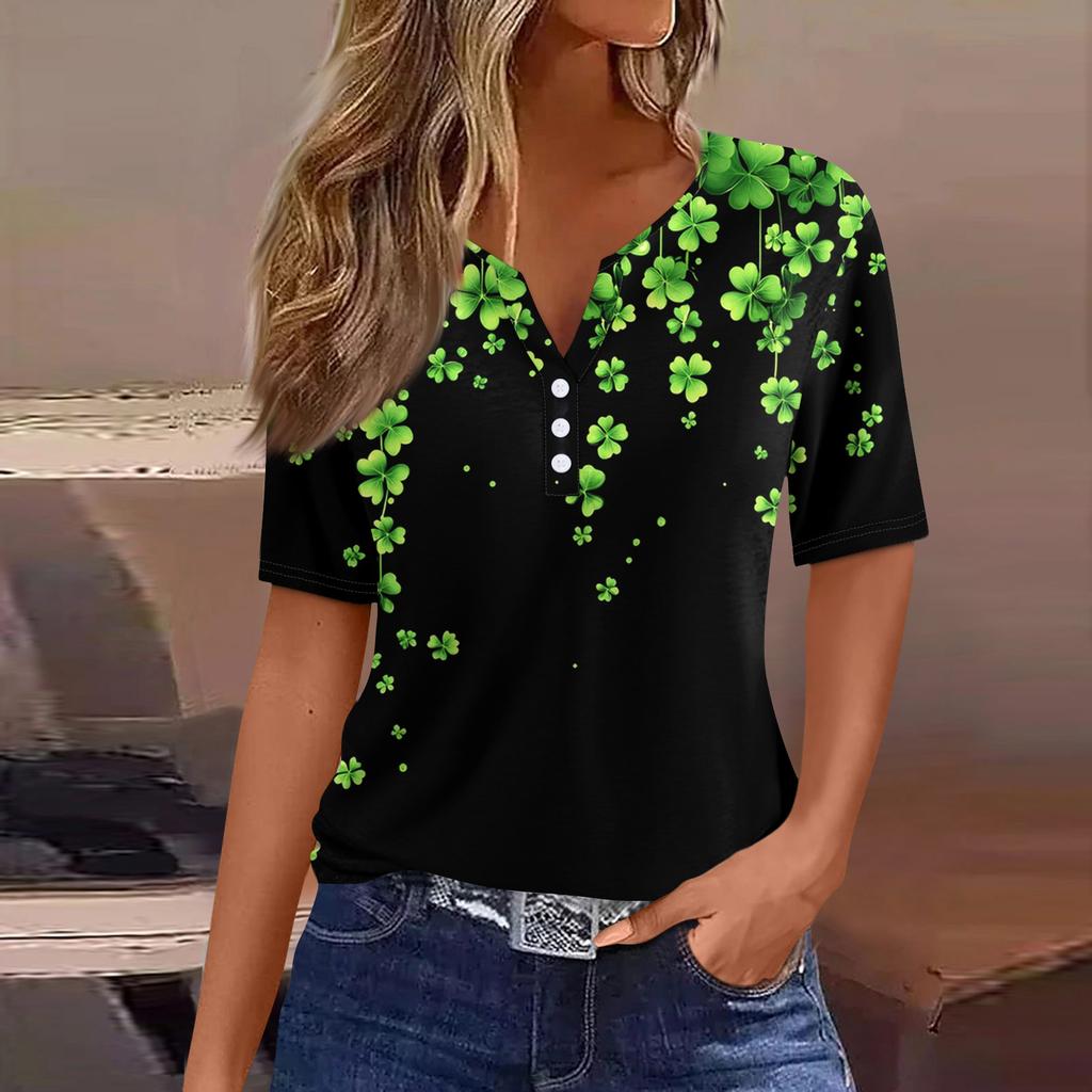 Women's T Shirt Tee Print Button Short Sleeve Daily Weekend Fashion Basic V- Neck Regular Top  St. Patrick's Day