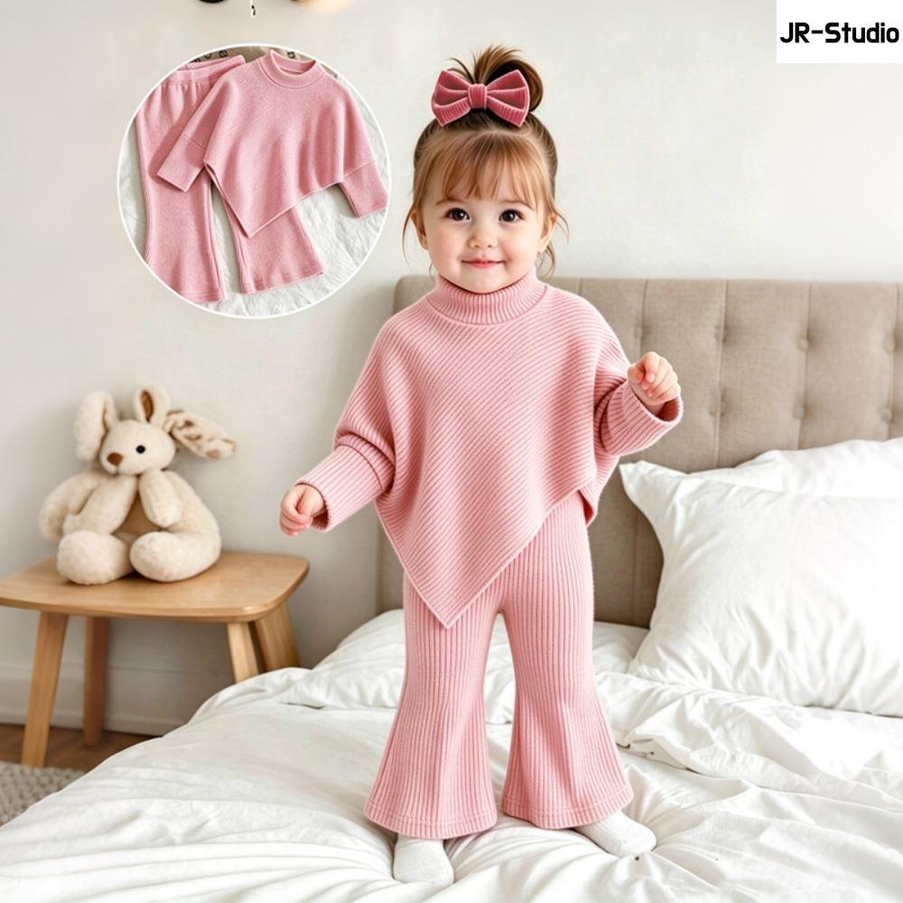 Girls Spring Autumn Winter Casual T-shirt Set Flared Pants Asymmetric High Neck Ribbed Brushed Top and Trousers Outfit