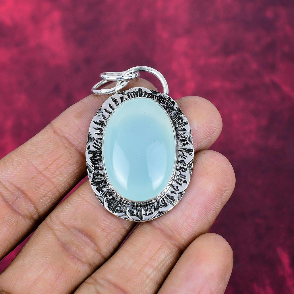 Aqua Chalcedon Silber Edelsteinschmuck, 925 Sterlingsilber Anhänger, Handgefertigter Alltagsschmuck für Frauen