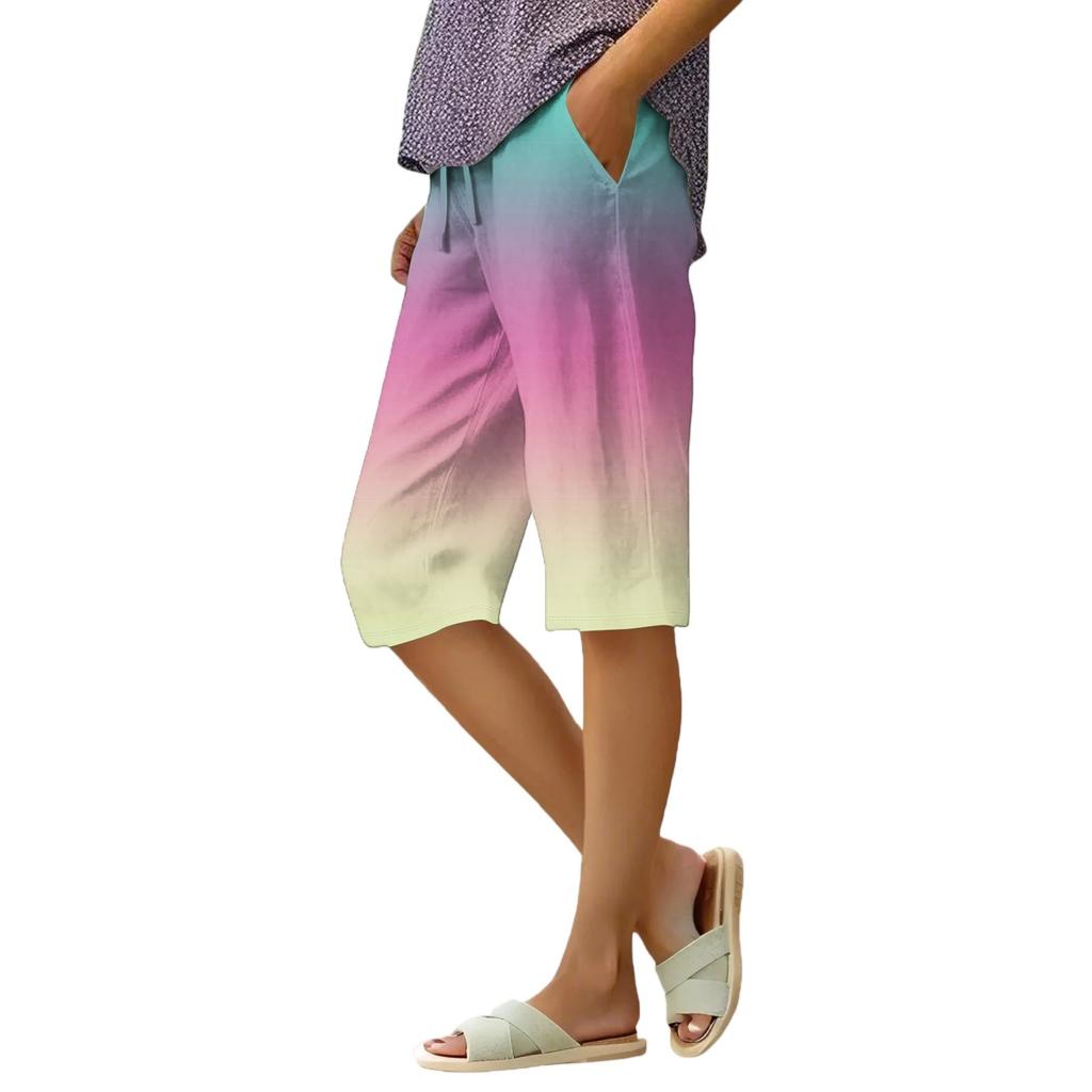 Women's Summer Elasticated Tie Waist Gradient Colour Cotton Linen Loose Shorts