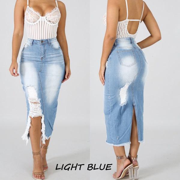 1Wish High Waist Washed Denim Split Hip Skirt