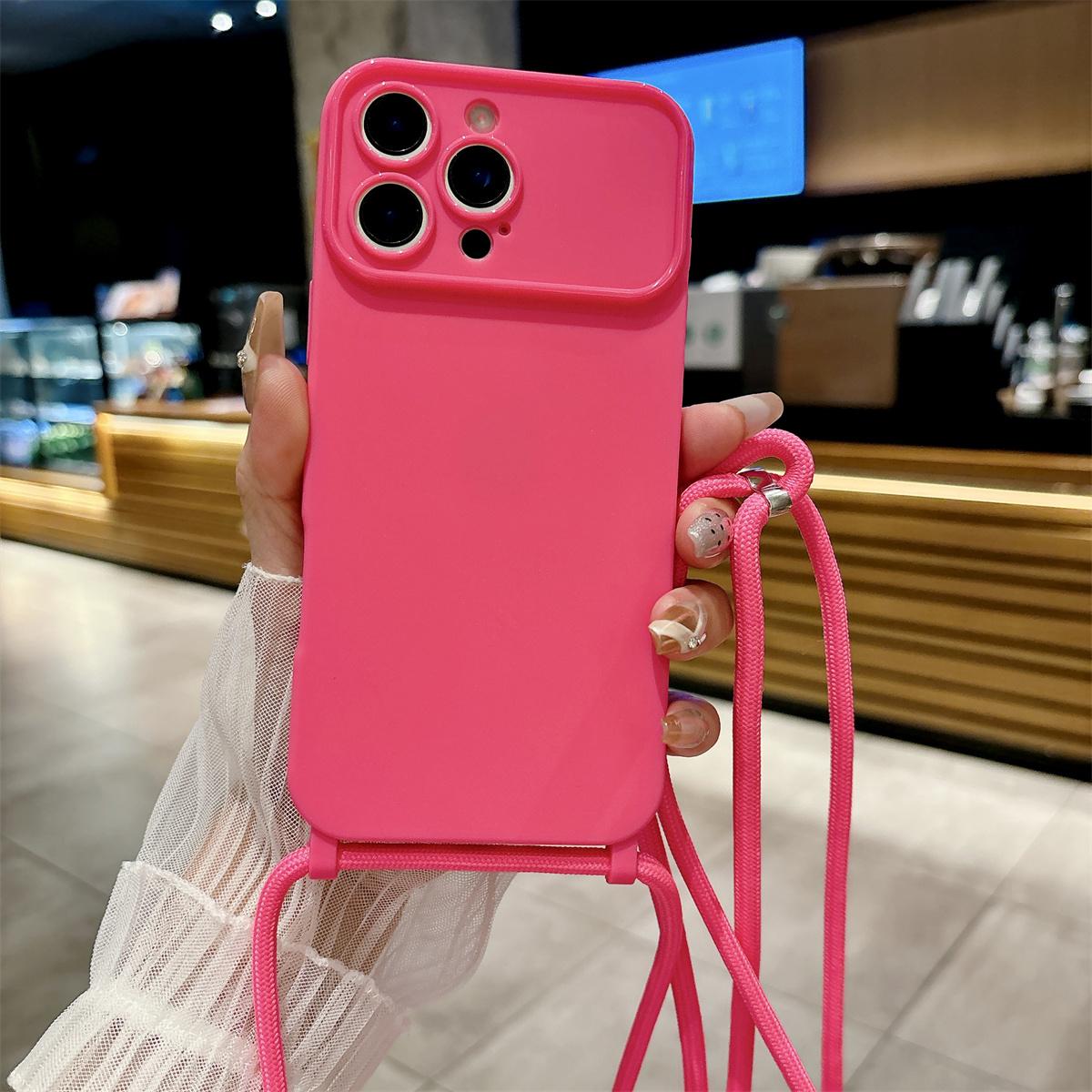 

Silicone Soft Crossbody Lanyard Phone Case for IPhone 16 15 14 13 Pro Max 12 11 Candy Color Camera Protection TPU Back Cover iPhone 15 Pro Max рожевий червоний колір