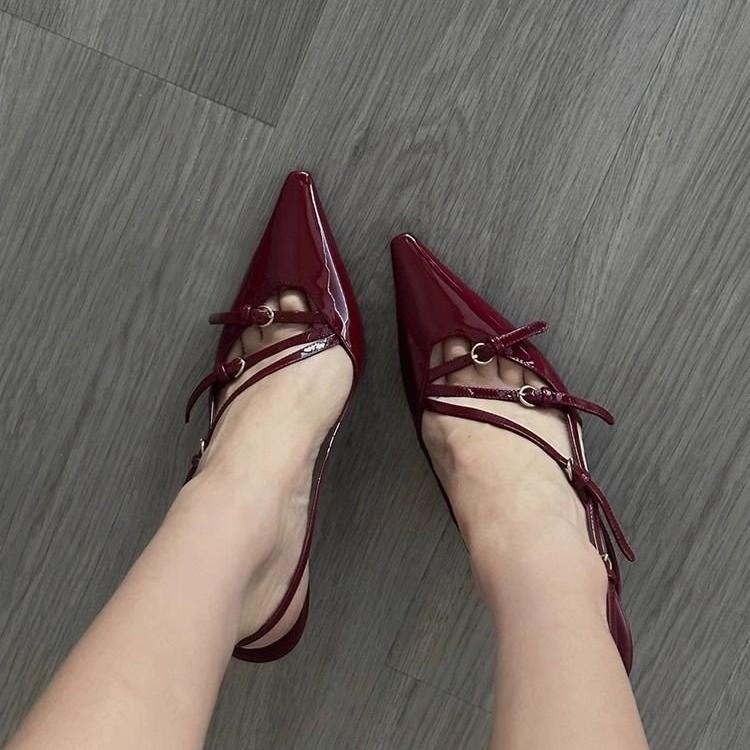 One word with thin heel small square head high heel sandals burgundy bag head fashion European and American temperament high heels