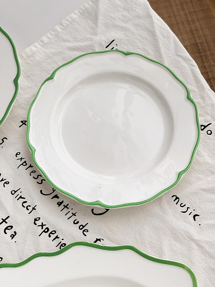

Green Edge Ceramic Straw Hat Plates New Household 8~9 Inch High Aesthetic Serving Plate Flower Shape Creative Dinner Tableware 8 inches
