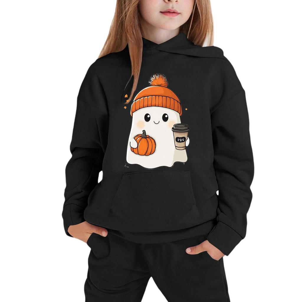 Kids Hoodie Sweatshirt Halloween Ghost Print Pullover Long Sleeve Hooded Top for Boys Girls Soft Comfortable Casual Wear