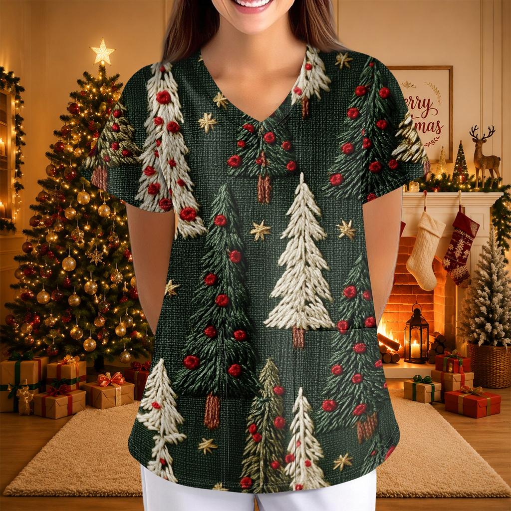 Women's Christmas Print Short Sleeve V-Neck Loose Fit Caregiver Uniform with Pockets