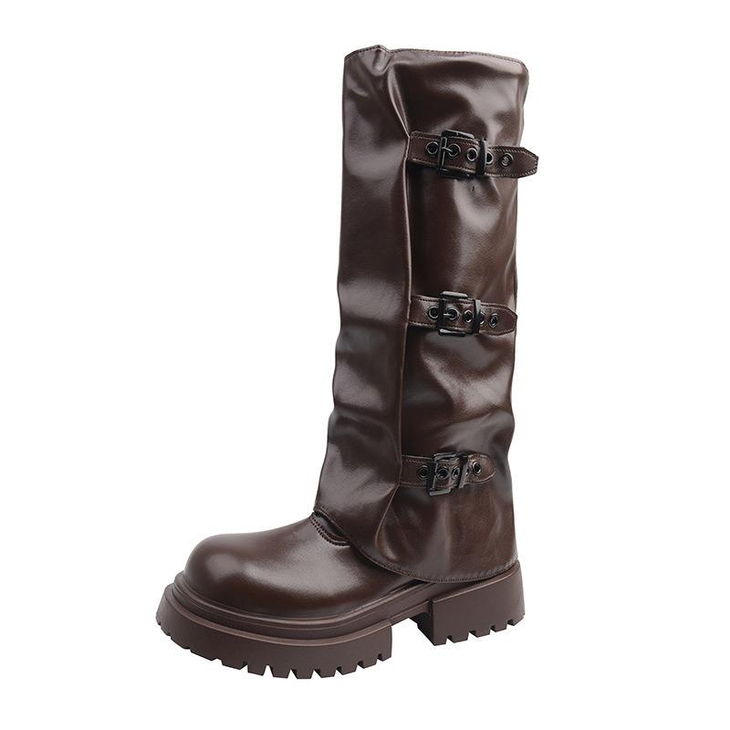 Folded Thick Heel Medium Boots Women's Fashion Versatile Buckle Autumn and Winter New Thick-soled Western Cowboy Boots Stacking Boots