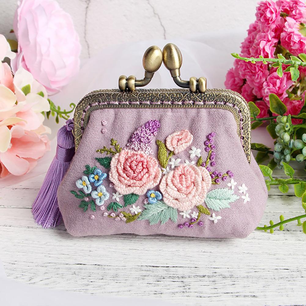 Floral Clasp Purse Embroidery Kit DIY Coin Purse with Pattern & Stitch Guide All-in-One Set for Adult Beginners Handmade Craft