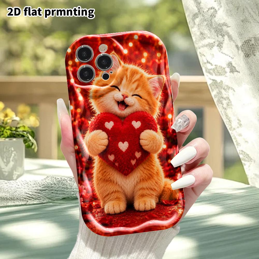 Phone Case: 2D Flat, Fits iPhone 12Pro, 13, 14, 15, 16, 17, 18, Phone Decor, Red Heart Orange Cat, Perfect Gift for Christmas and Halloween