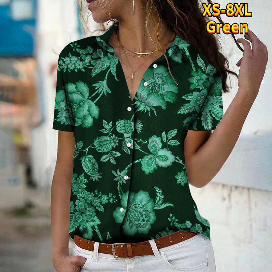 2025 Summer New Fashion Women's Flower Printed Short Sleeve V-neck Casual Button-down Shirt Top