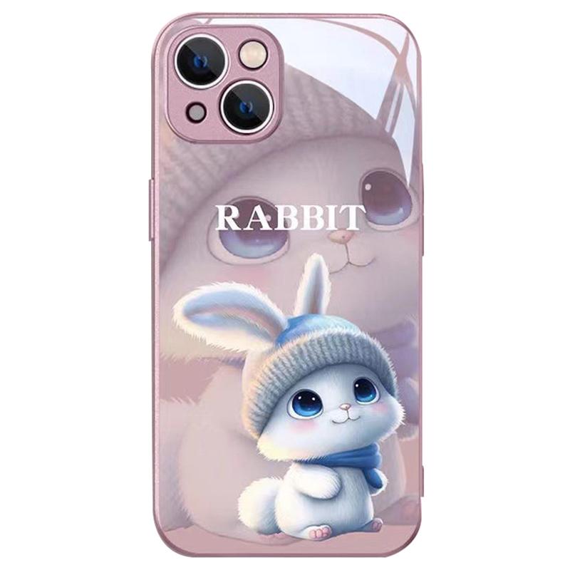 

For iPhone 15 Cell Phone Cases Knitted Hat Cartoon Rabbit Built-in Lens Film Tempered Glass+TPU Cover Pink