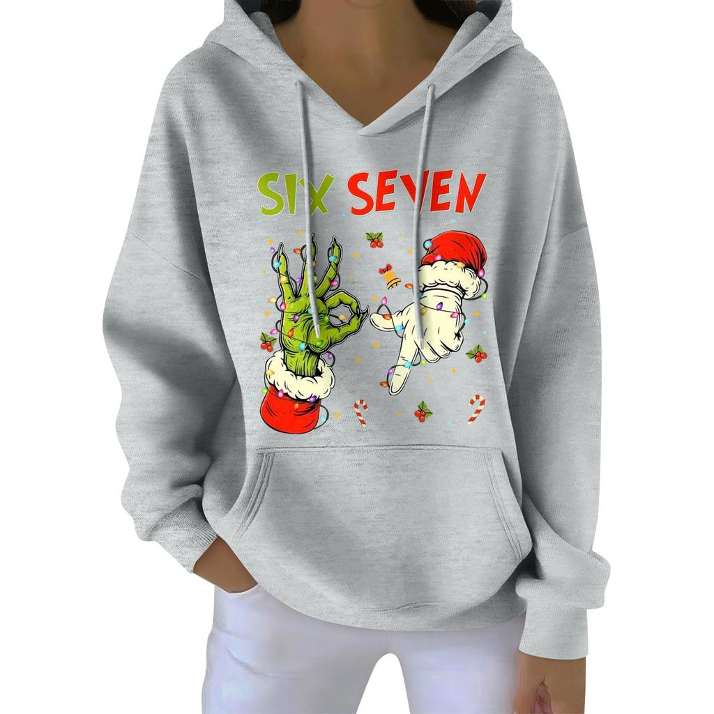 Damenmode Damen Leichter Langarmpullover mit Taschen Preppy Graphic Hoodie