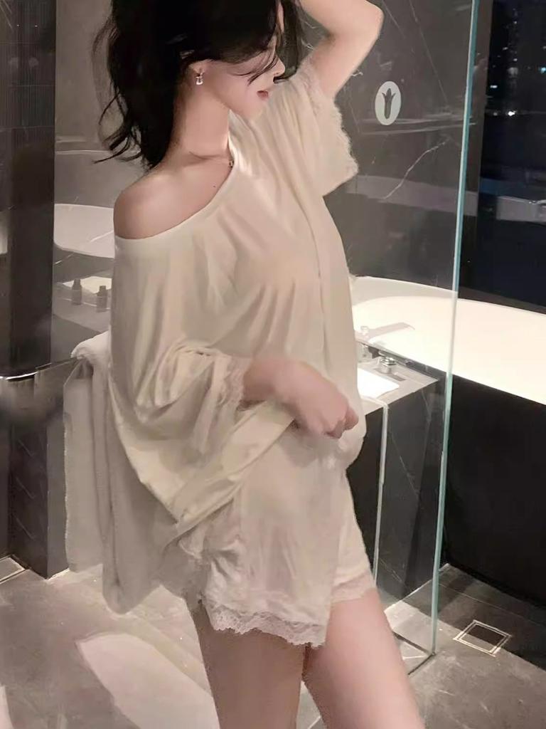 Einfache einfarbige Modal-Pyjamas mit Brustpolstern für Damen, Sommer, kurzärmelig, mit Shorts, süße Spitze, vielseitige Loungewear