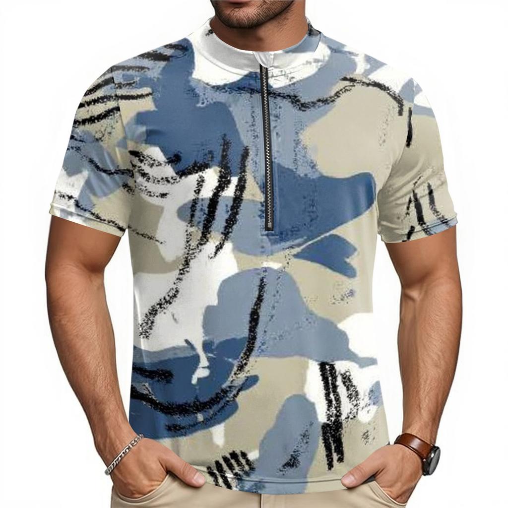 Men's Short Sleeve Cycling Jersey Breathable Quick Dry Half Zip Round Neck Printed Sports Shirt Lightweight Performance Top for Biking
