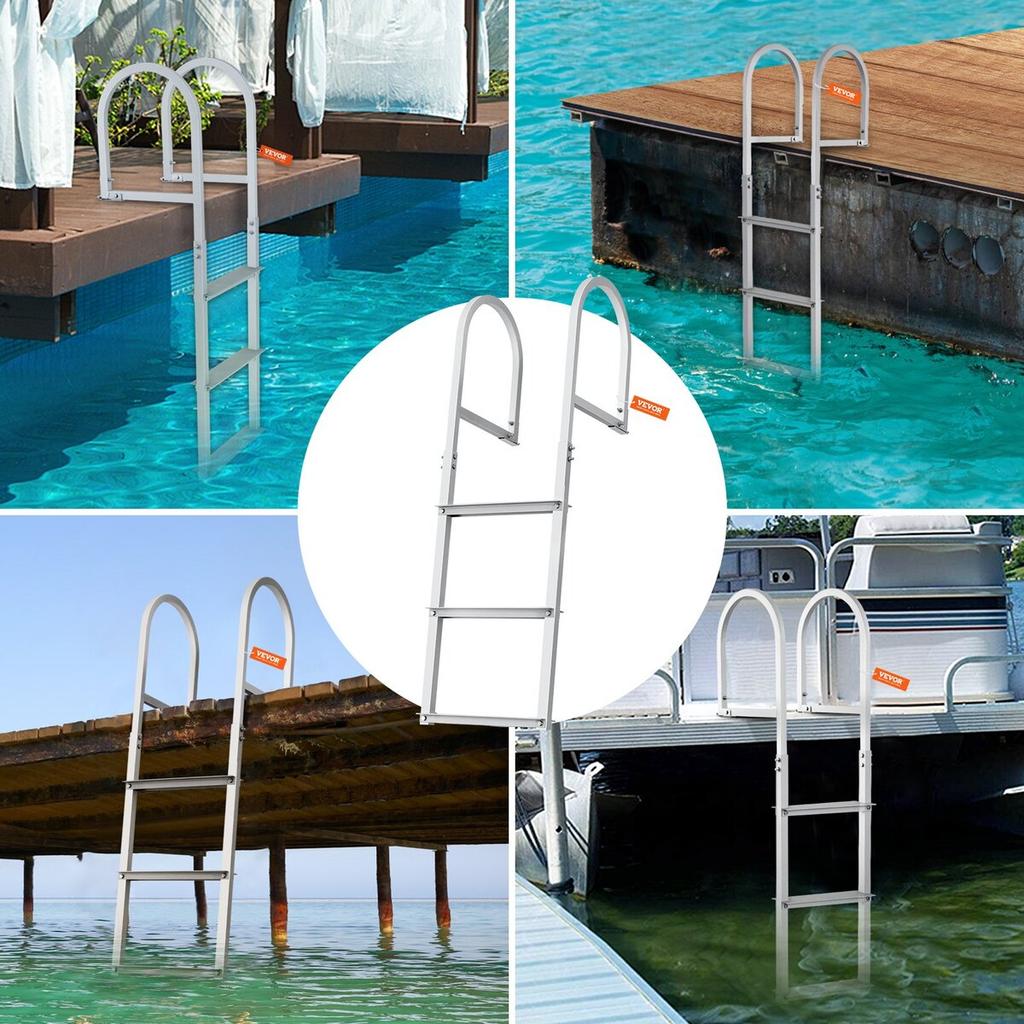 Escalera de Dársena de Aluminio Escalera de Muelle para Barcos Desmontable de 3 Peldaños con Carga de 500 lbs