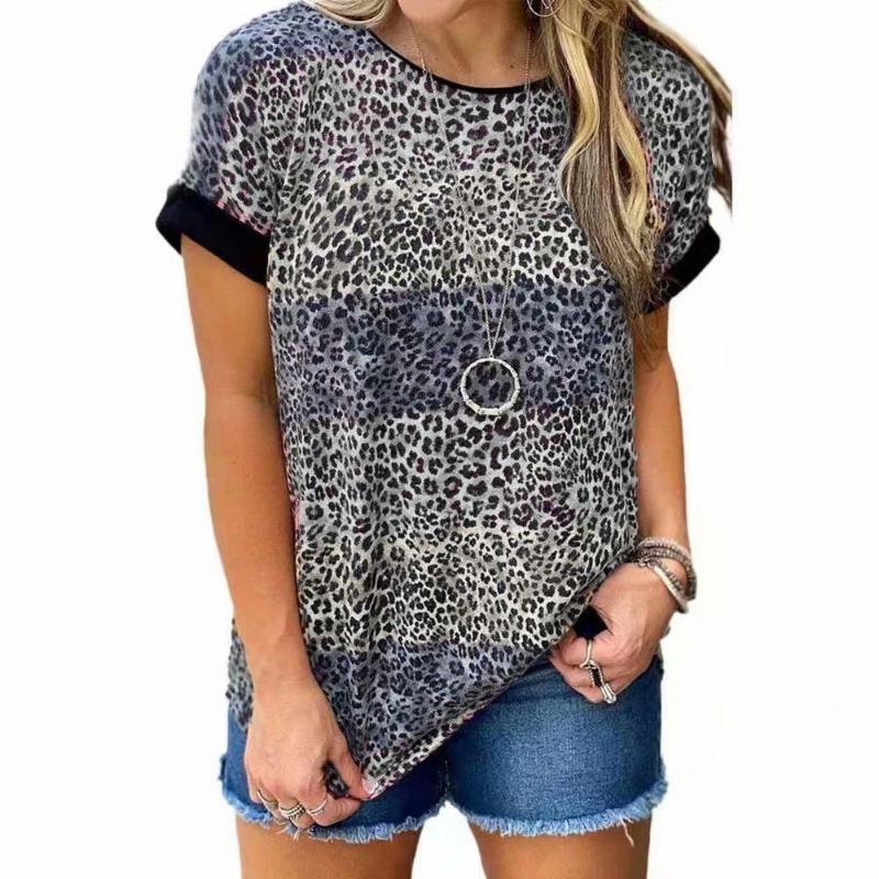 Women Summer Leopard Printed Short Sleeve Tops Casual O-neck Loose Tee Top Ladies T-shirt Clothing