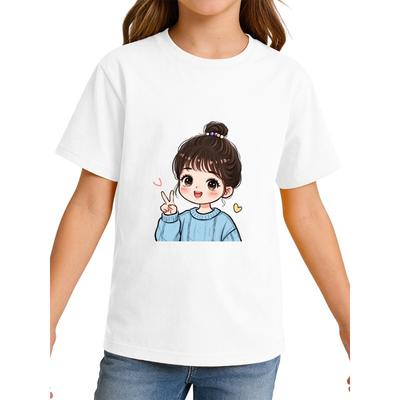 European Sizes Cute Girls' Printed Short-Sleeve T-Shirt, Spring/Summer Lightweight Loose-Fit Versatile Half-Sleeve Top for Little Girls