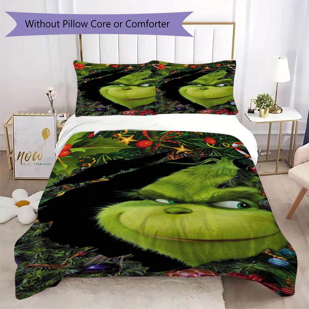 Christmas Grinch Cartoon Prints Bedding, Duvet Cover and Pillowcases, Birthday Gift (1 Duvet Cover + 2 Pillowcases, Pillow Insert Not included)JM008