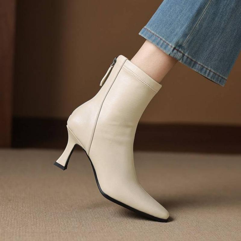 

Новые женские модные ботинки на мягкой подошве из говяжьей кожи, однотонные, с задней молнией, на высоком каблуке-шпильке, осенне-зимние, с круглым носком, удобные полусапожки 40