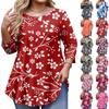 Ladies Floral Print Plus Size 3/4 Sleeve Round Hem Round Neck Fashion Top