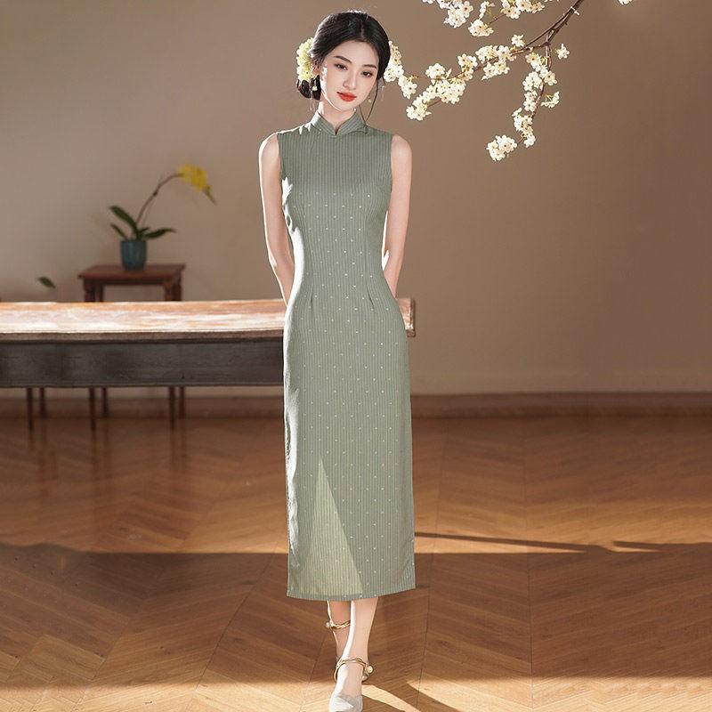 Long Sleeveless Cheongsam Dress In Green Striped Linen-Blend Fabric Stand Collar Round Placket Mid-Slit Elastic Waist Vintage Small
