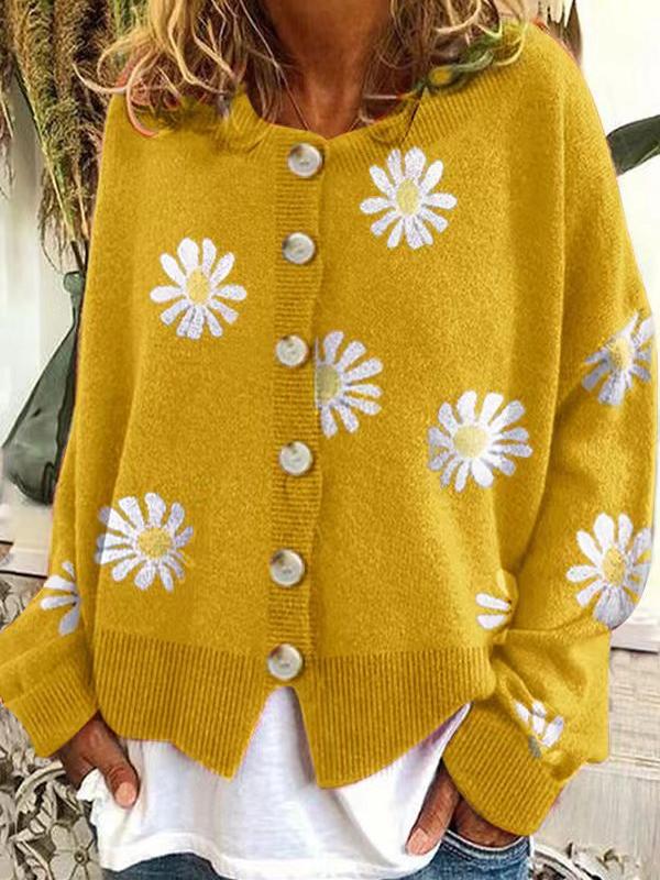 Women's Floral Print Long Sleeve V-Neck Sweaters Button Down Ribbed Cuffs Knitted Cropped Cardigan Loose Casual Tops