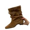 Height-increasing Retro Pointed Maillard Knight Trouser Boots New Belt Buckle Thick Heel Western Cowboy Short Boots